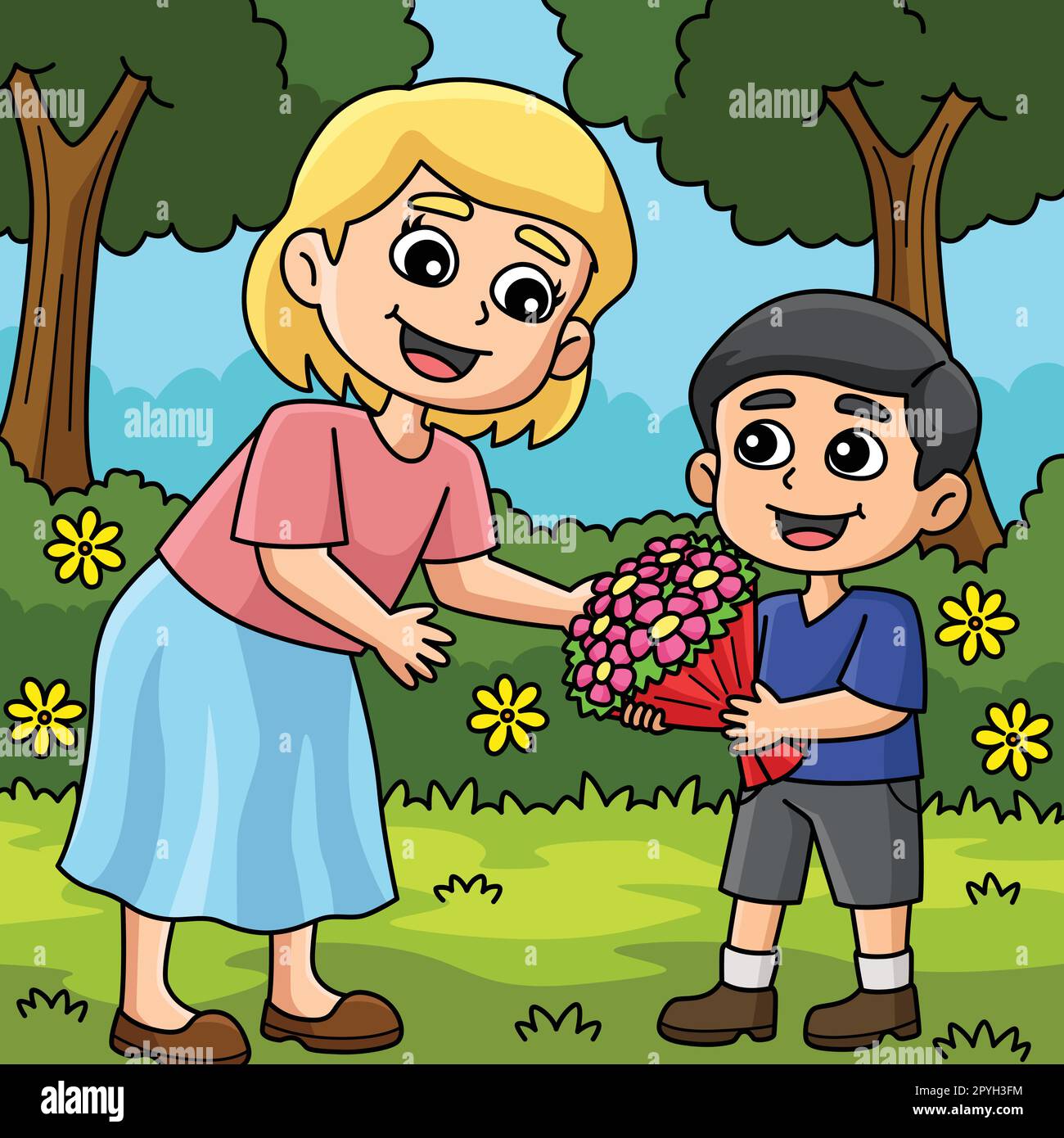 Mothers Day Child Giving Flowers Colored Cartoon Stock Vector Image ...