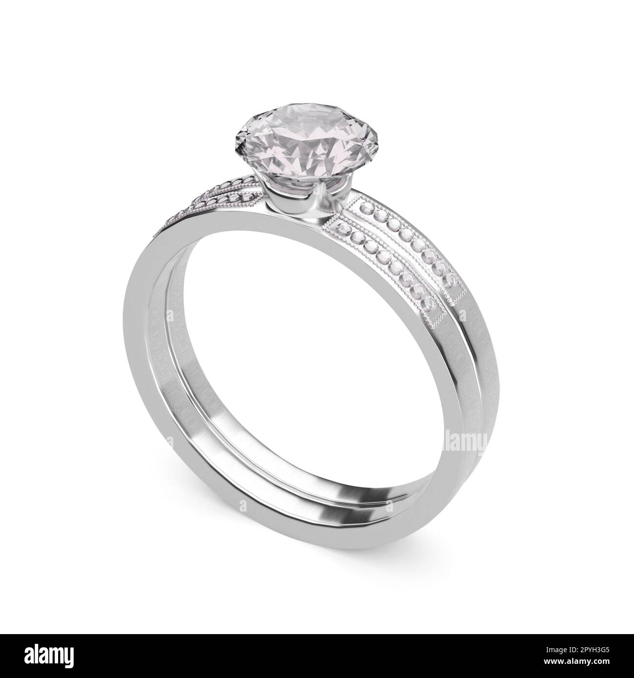 Close up of elegant diamond ring on white background. 3D render Stock Photo