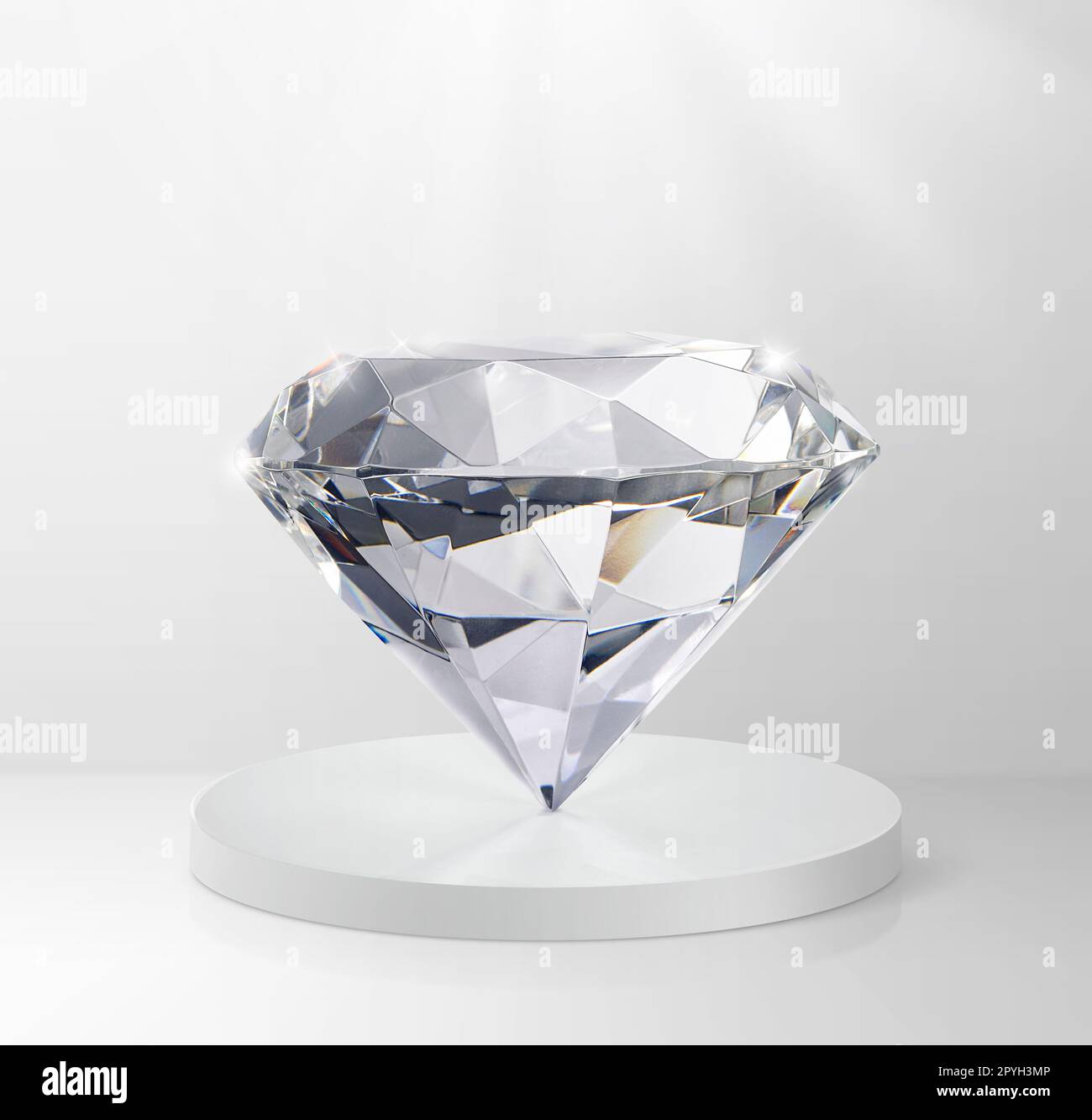 Dazzling diamond on shiny white round pedestal podium. concept