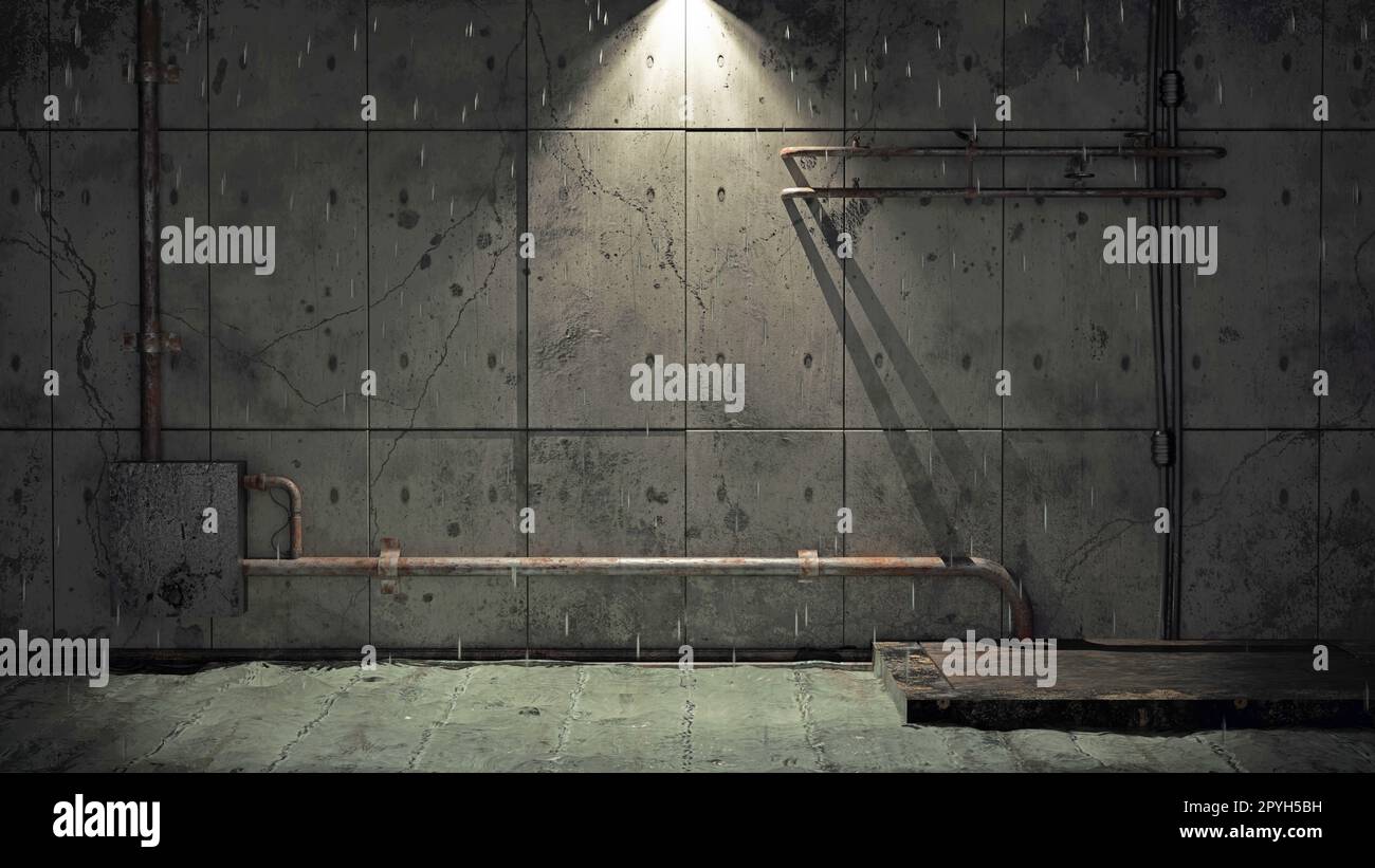 Old dirty cellar flooded from a pipe break. 3d rendering Stock Photo - Alamy, image size:1300x821