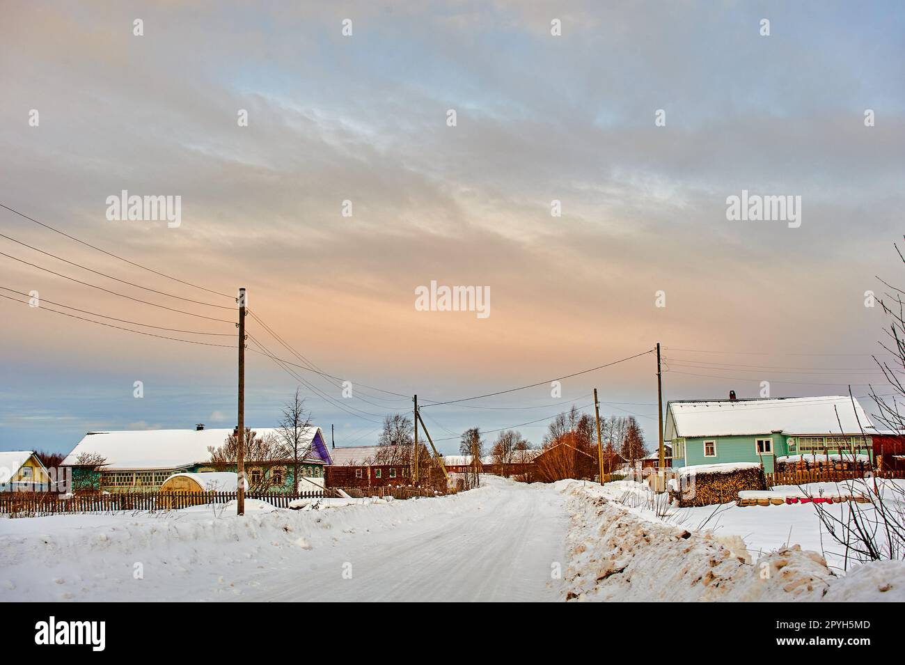 Northern Russian village in winter Stock Photo