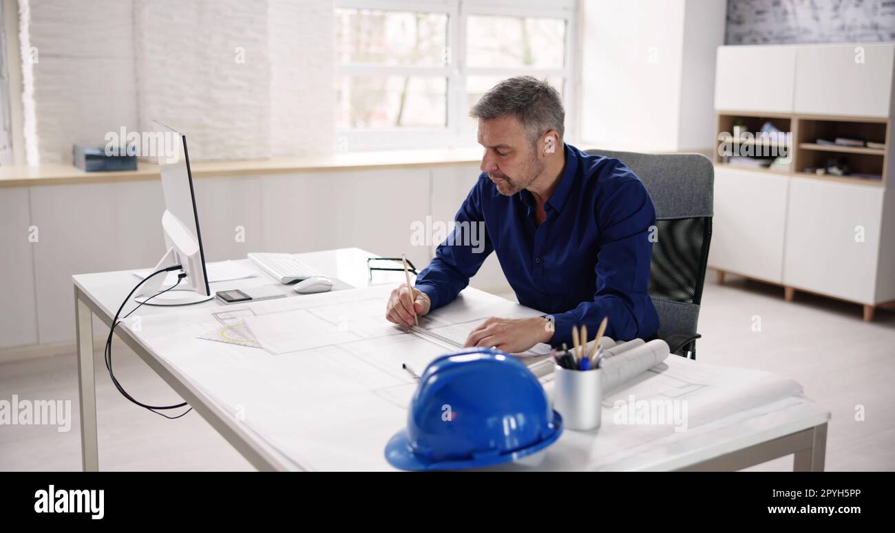 Architect Engineer Drawing Architectural Construction Plan Stock Photo