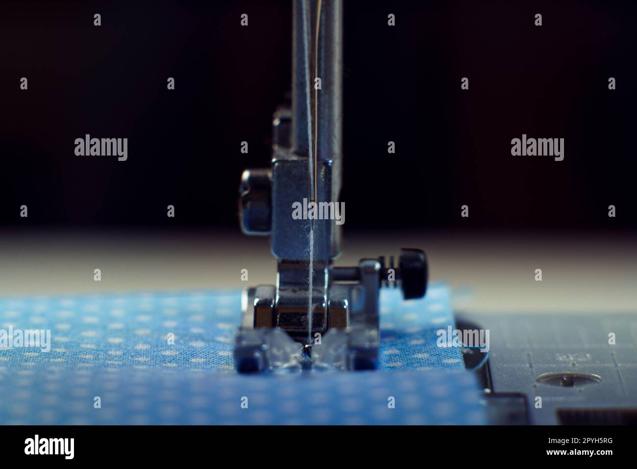 Detailed close up shot of sewing machine steel foot with needle and thread stitching on blue fabric polka dot textile Stock Photo