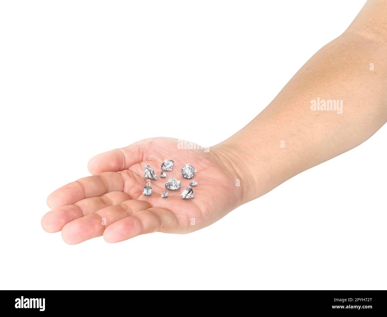 Diamonds of different cuts and sizes in open palm on white background Stock Photo