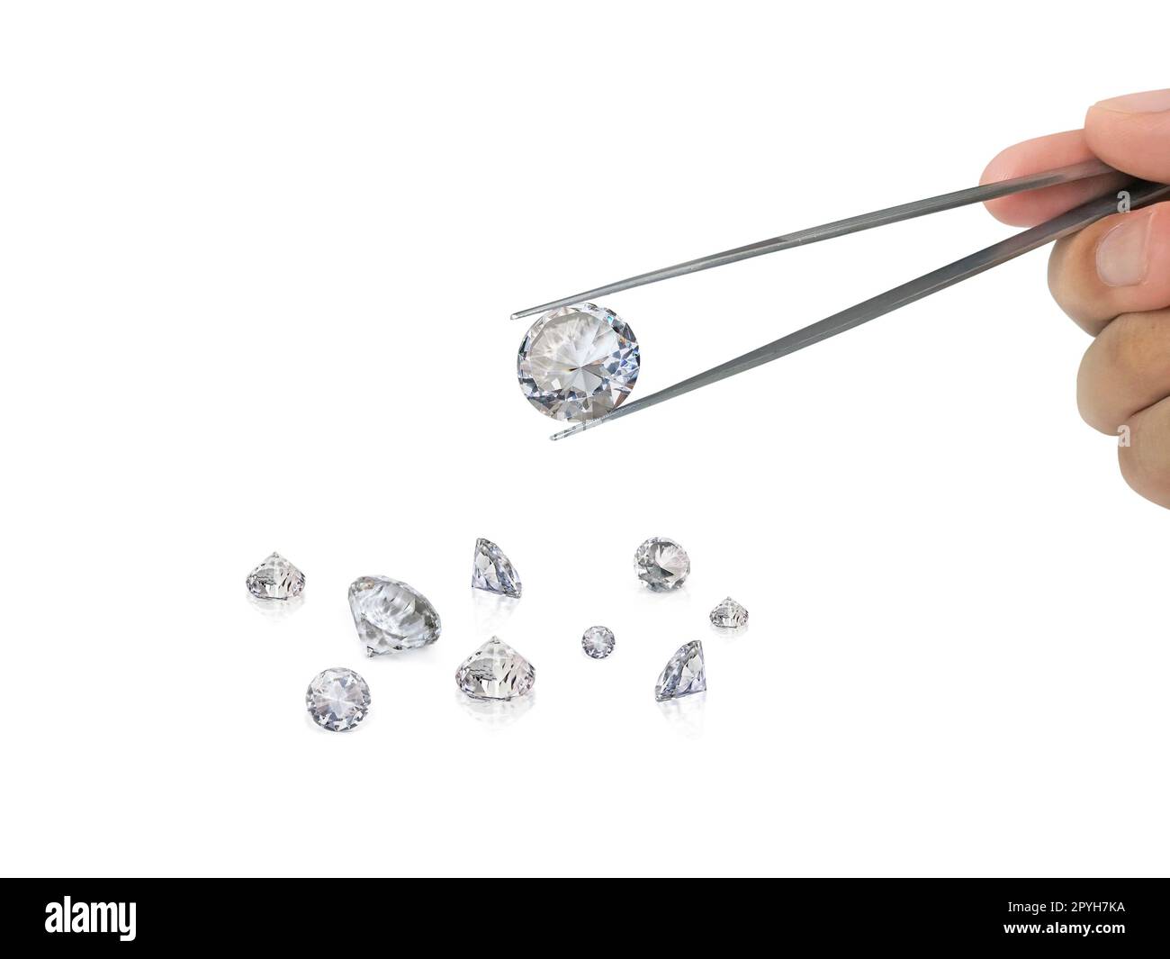 Selected diamonds In the gemstone clamp for making jewelry on white background Stock Photo