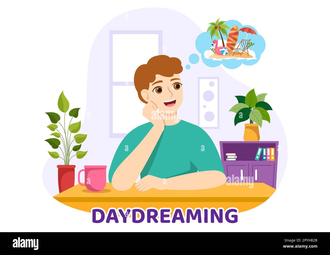 People Daydreaming Illustration with Imagining and Fantasizing in Bubble for Landing Page or Poster Templates in Flat Cartoon Hand Drawn Stock Photo