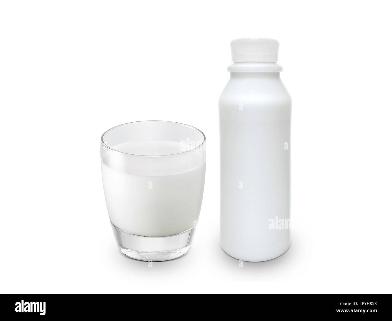 Glass of milk and milk bottle isolated on white background Stock Photo