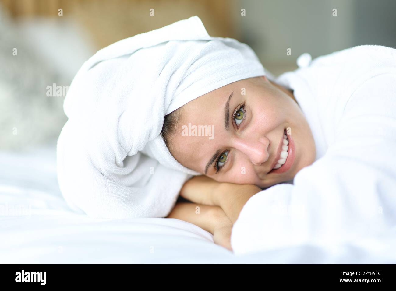 Beauty happy teen posing after showering Stock Photo Alamy