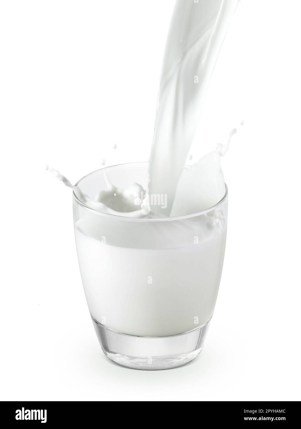 pouring two glass of milk creating splash, isolated on a white b Stock Photo