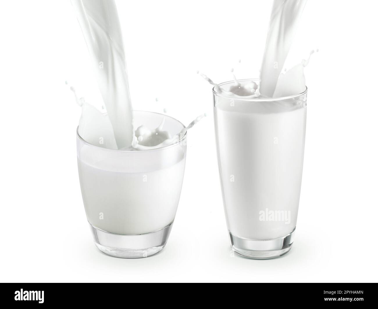 pouring two glass of milk creating splash, isolated on a white b Stock ...