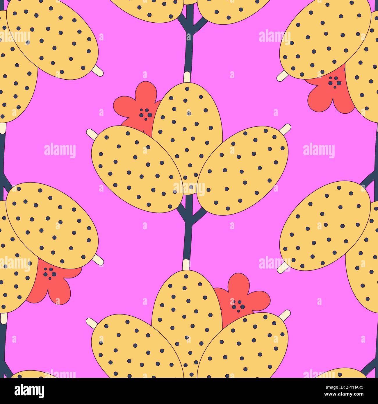 Seamless floral pattern of colorful abstract flowers with black stroke