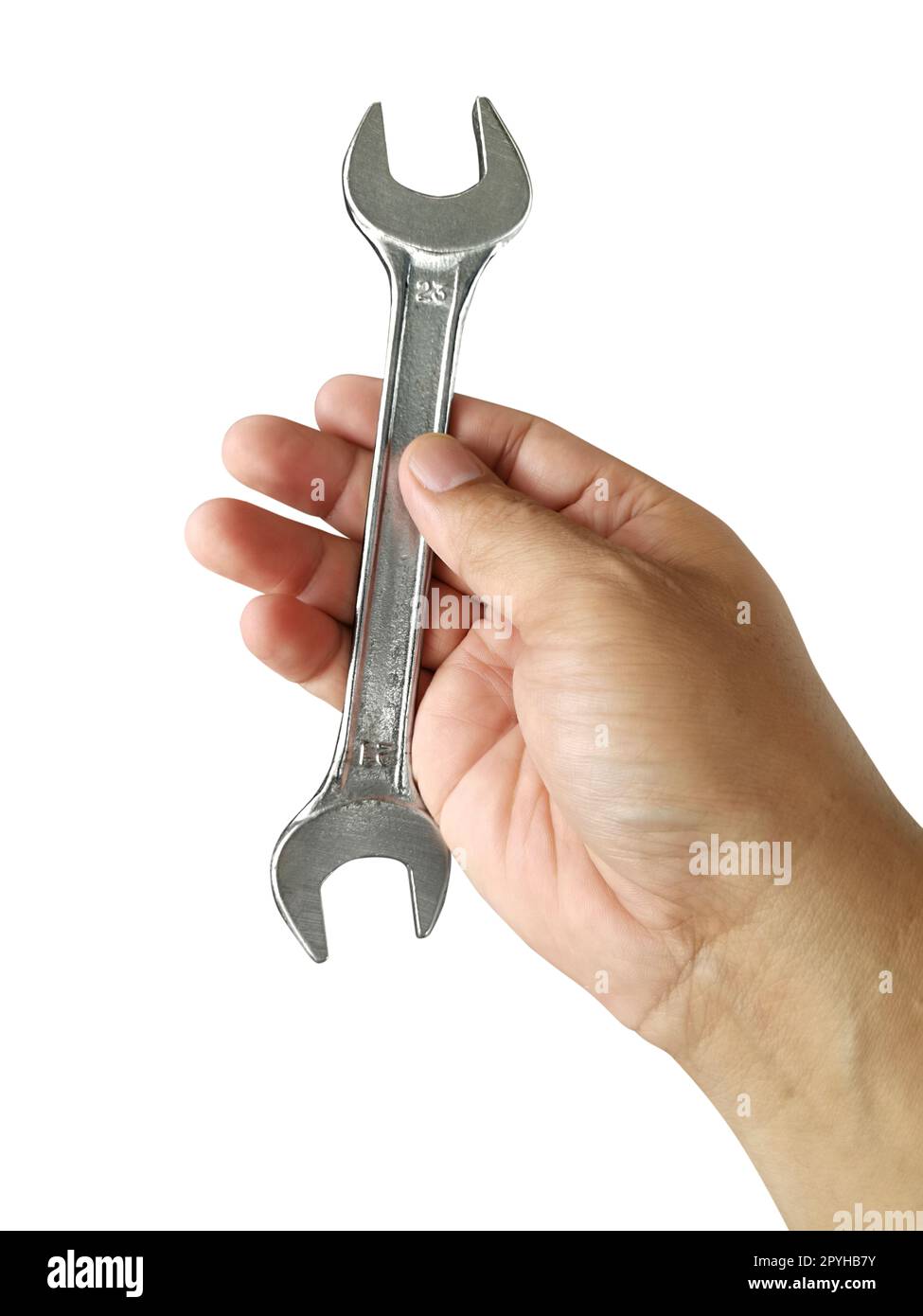 Wrench and hand with white background. Craftsman tool Stock Photo