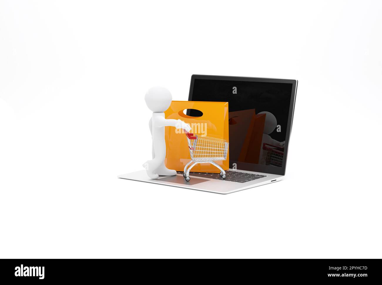 Small character with a shopping cart on a laptop computer Stock Photo