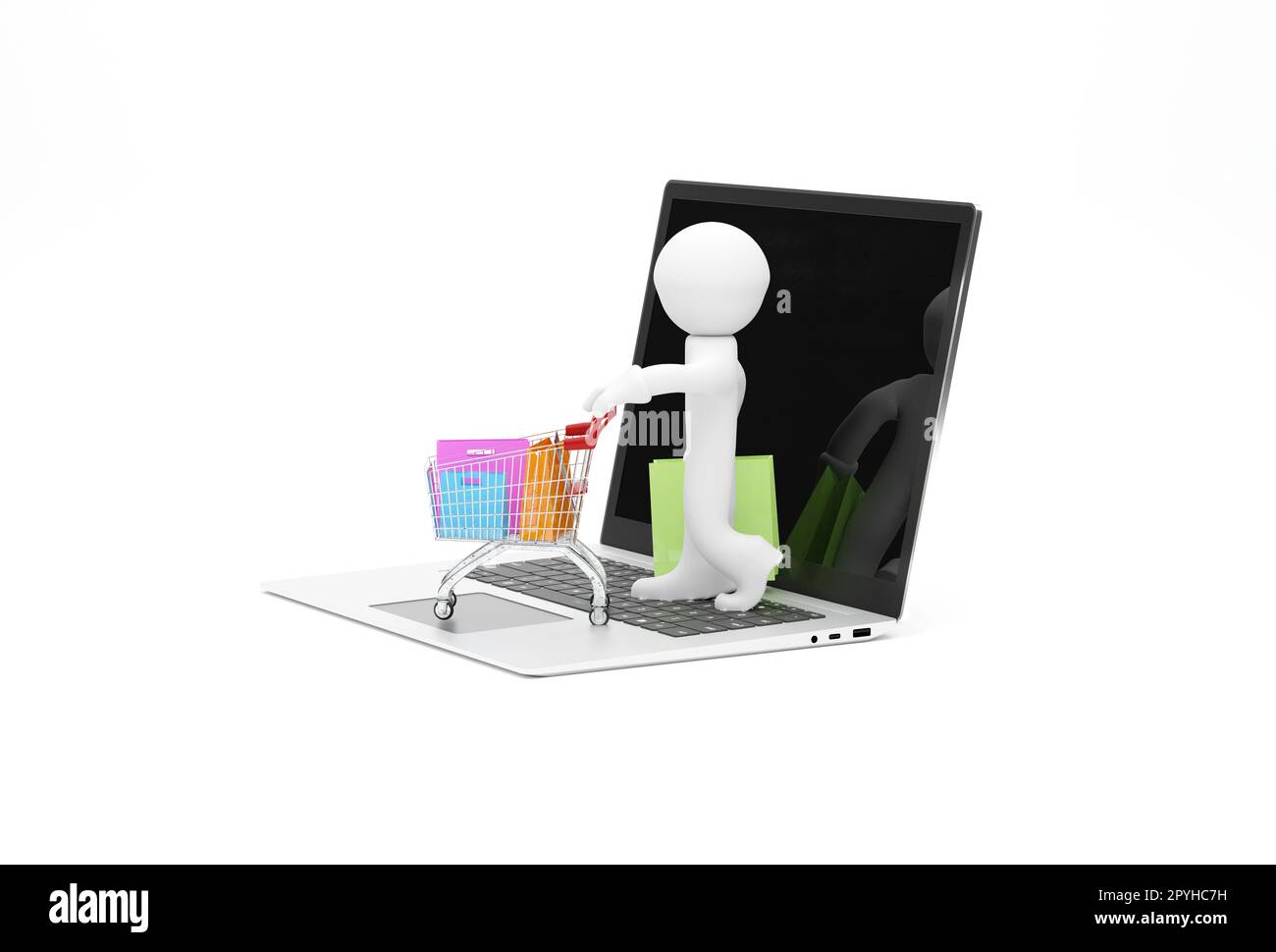 Small character with a shopping cart on a laptop computer Stock Photo