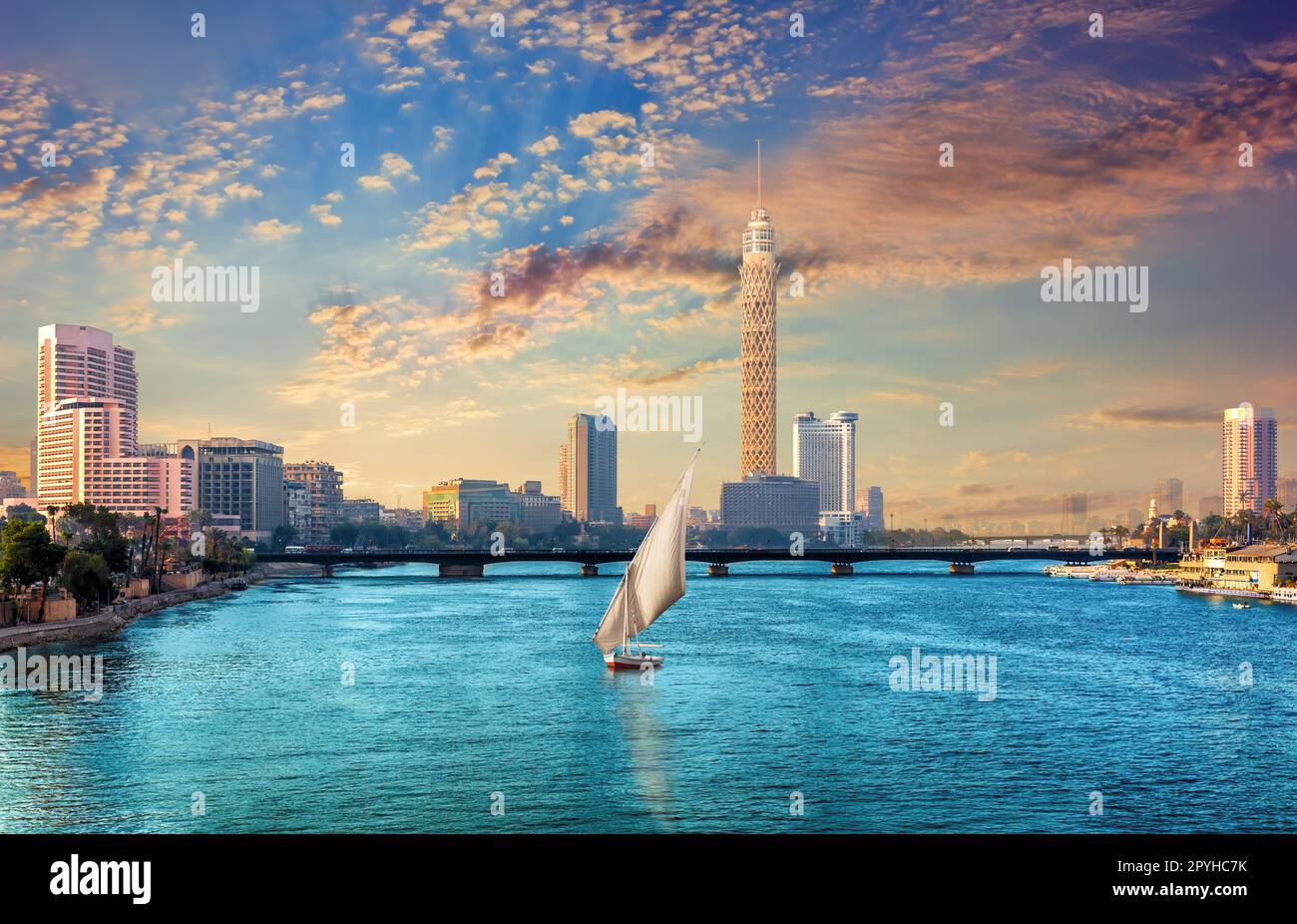 View on Cairo downtown on Gezira island in the Nile with the Tower and ...