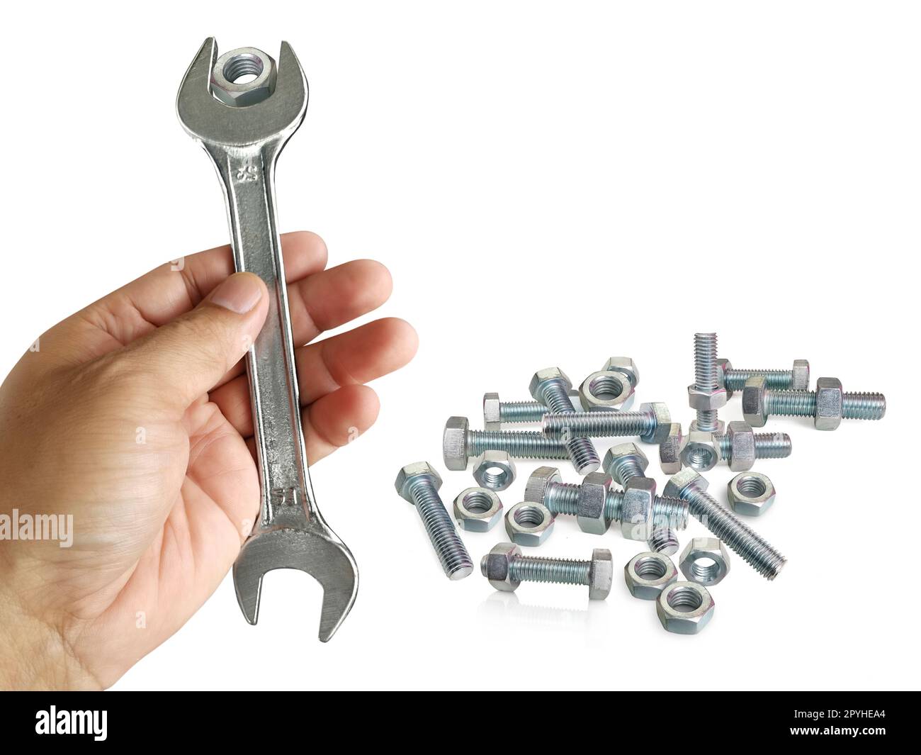chrome spanner with nut and bolt Stock Photo Alamy