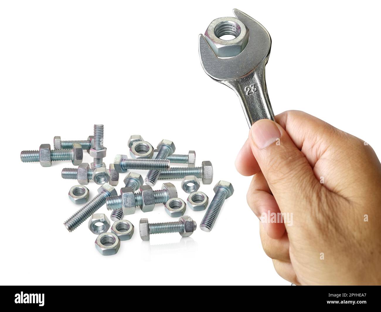 chrome spanner with nut and bolt Stock Photo Alamy