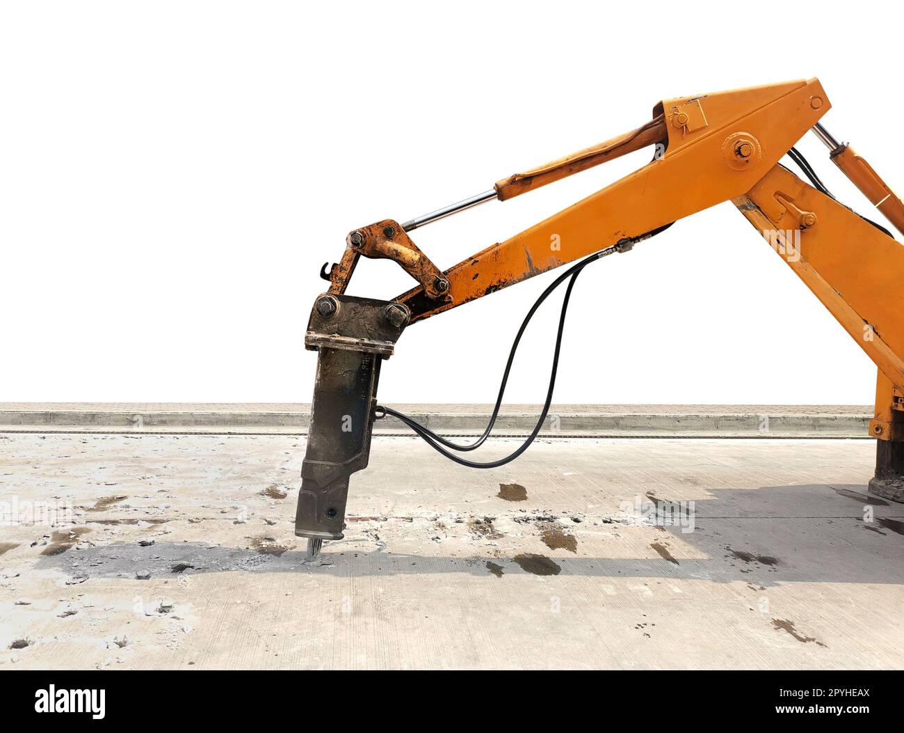 Excavator breaking and drilling the concrete road for repairing. Large