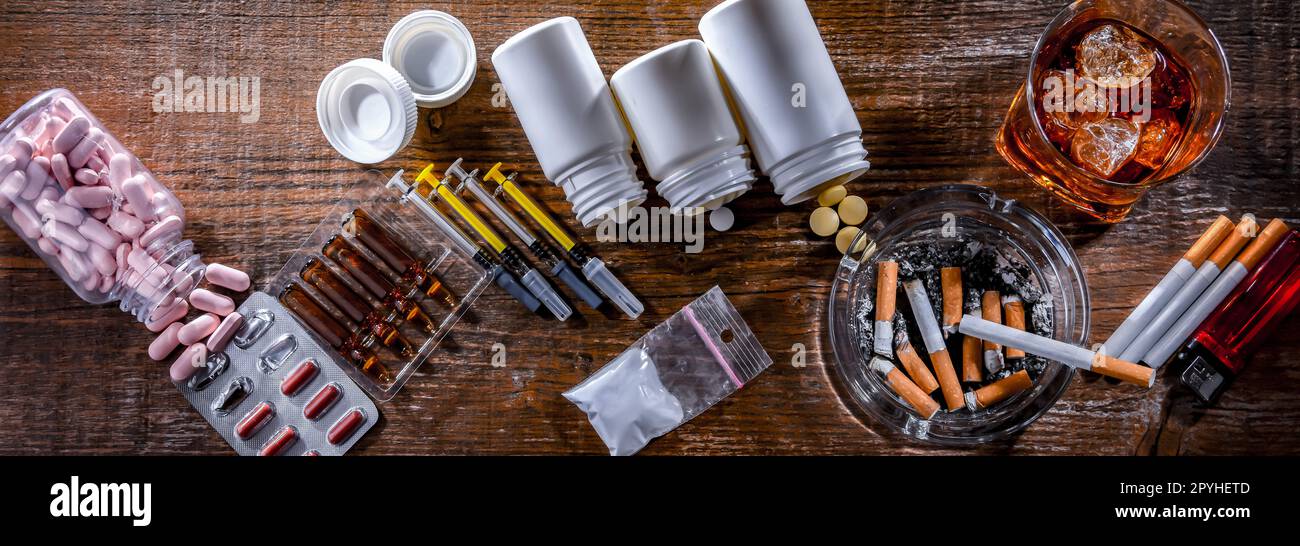 Addictive substances, including alcohol, cigarettes and drugs Stock Photo
