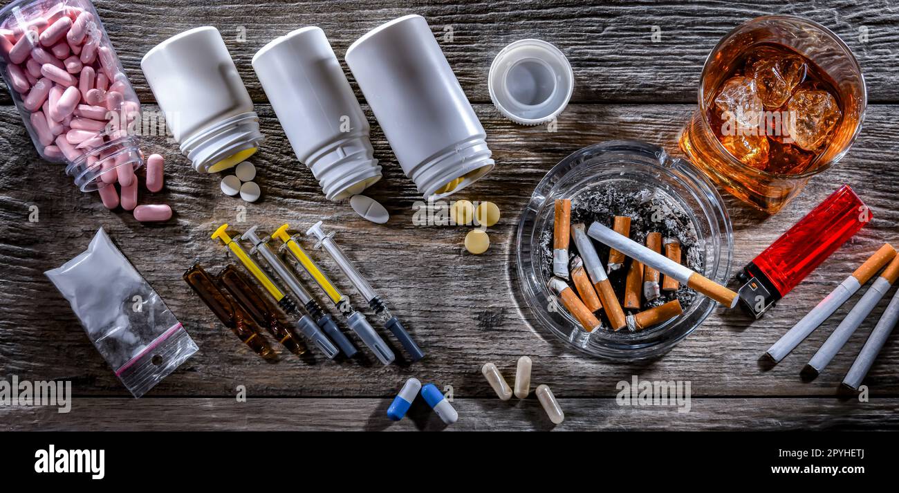 Addictive substances, including alcohol, cigarettes and drugs Stock Photo