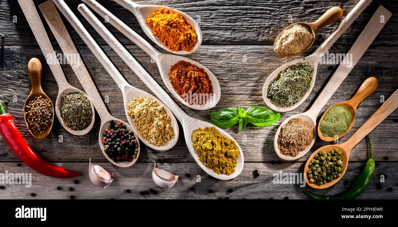 Composition with assortment of spices and herbs Stock Photo