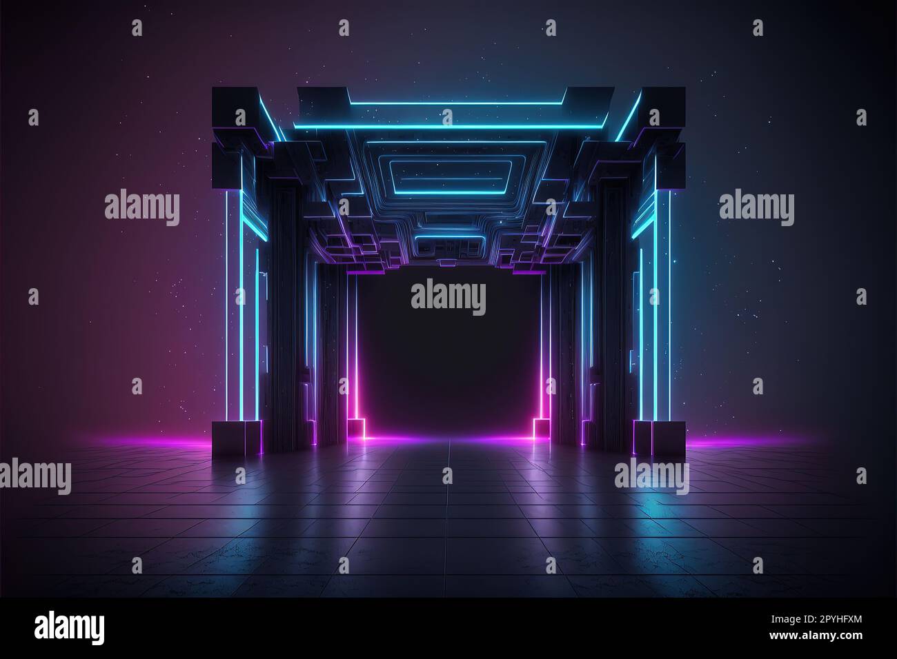 Futuristic Sci-Fi Abstract Blue And Purple Neon Light Shapes On Black ...