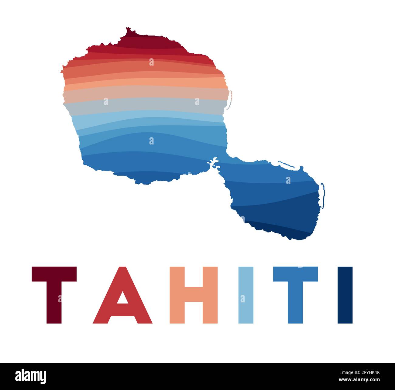 Tahiti map. Map of the island with beautiful geometric waves in red blue colors. Vivid Tahiti shape. Vector illustration. Stock Vector