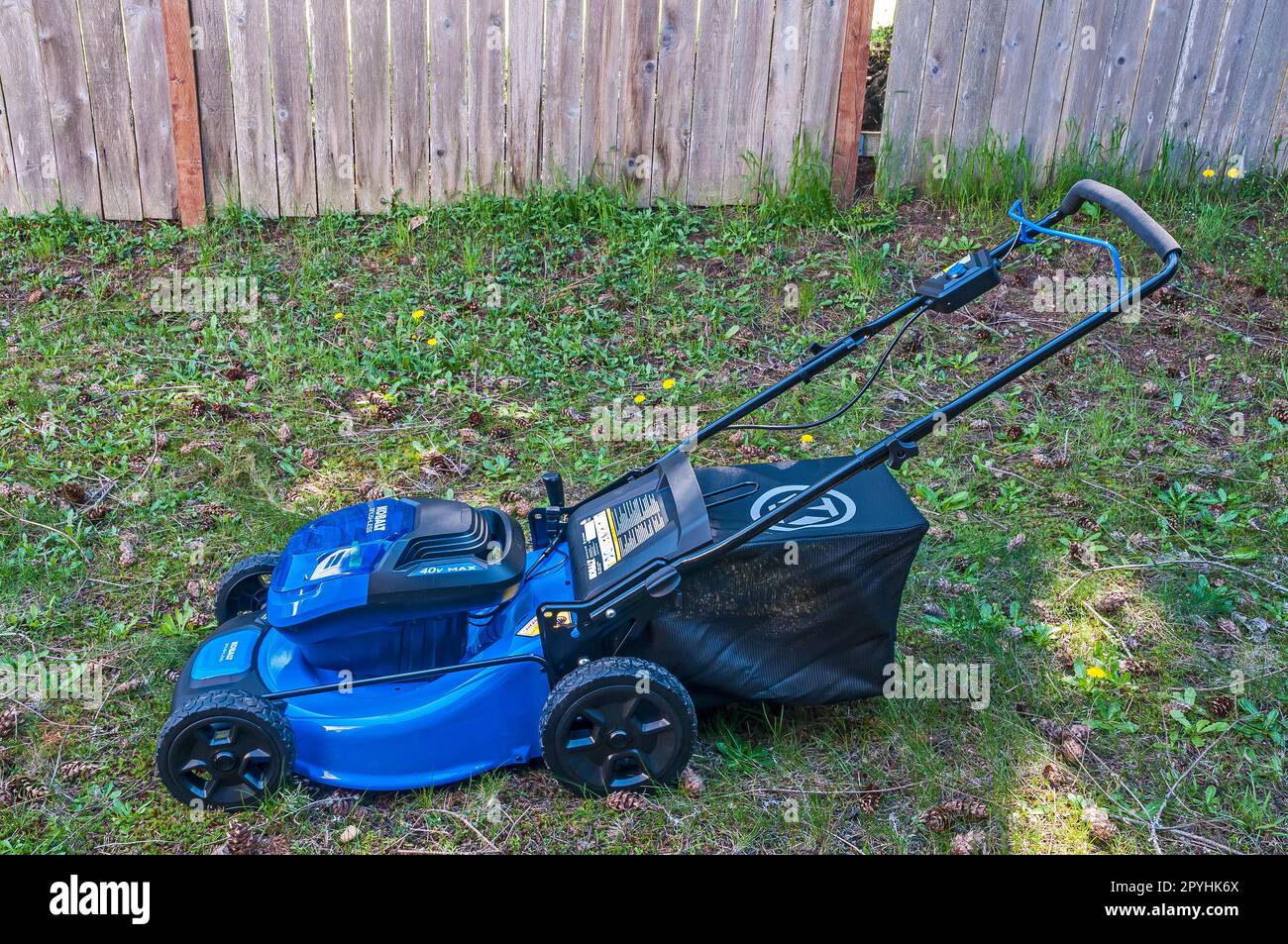 Kobalt Electric Battery-Powered Lawn Mower, Side View. Stock Photo
