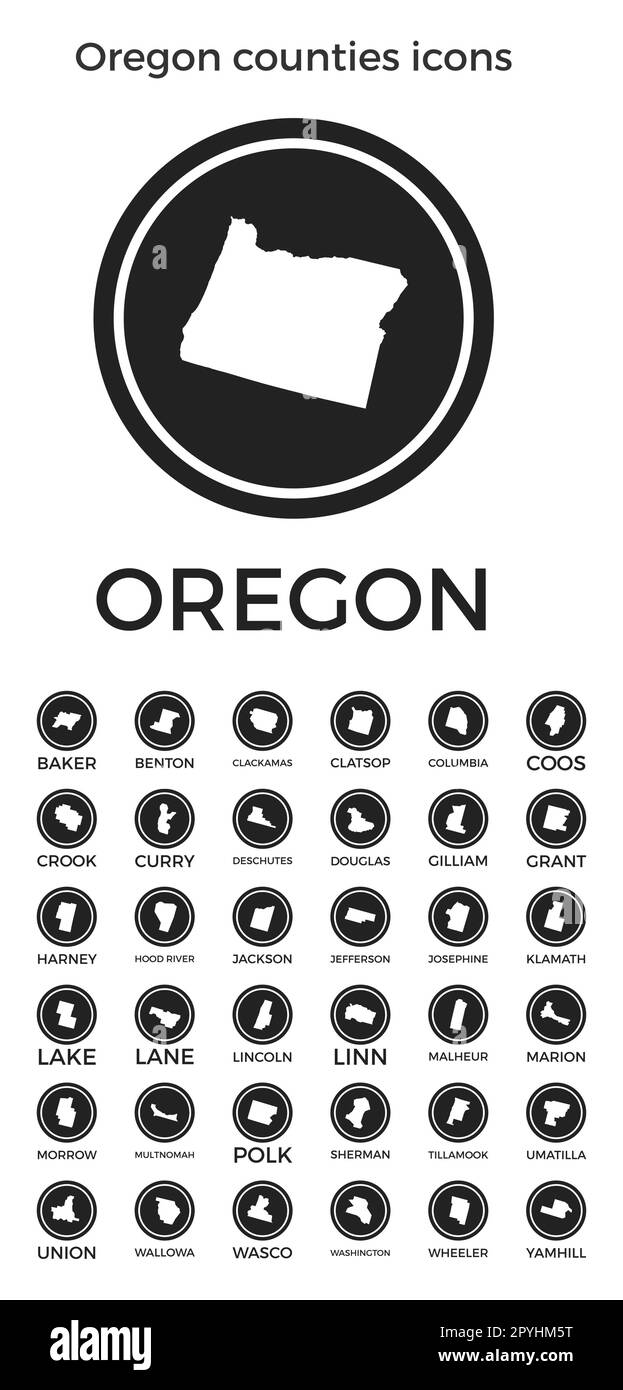Oregon Counties Icons Black Round Logos With Us State Counties Maps And Titles Vector 1475