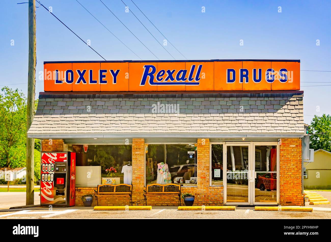 Loxley Drugs is pictured, April 30, 2023, in Loxley, Alabama. The small, independent pharmacy features a gift shop inside. Stock Photo