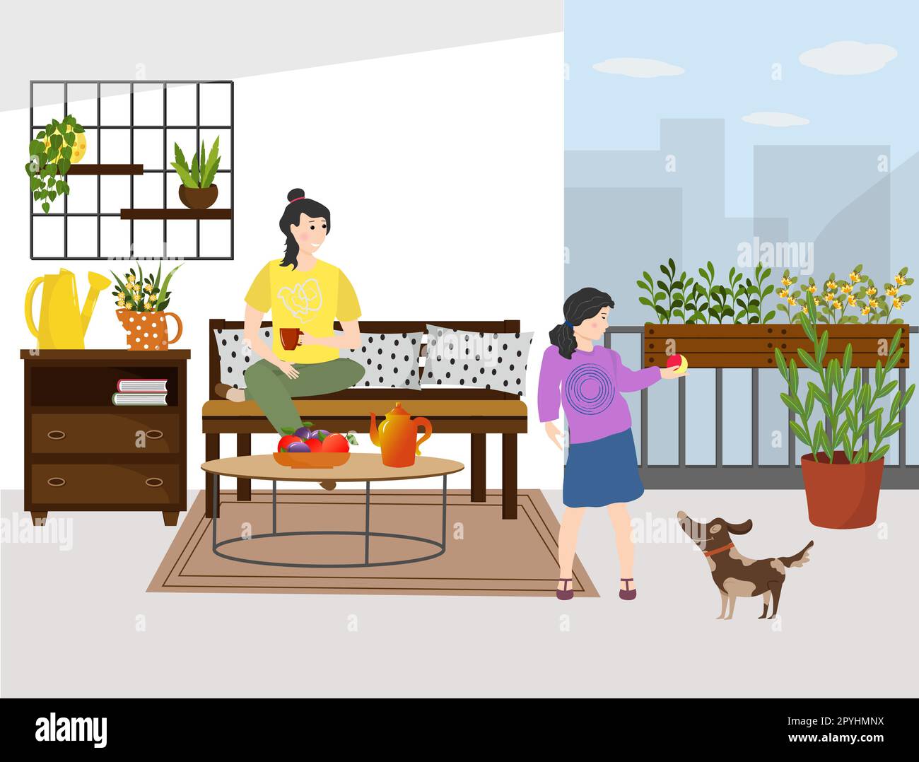 Terrace for relaxation. Mom is sitting on the sofa. The girl plays with the dog. Home garden interior - flowers and plants. Vector illustration.  Stock Vector