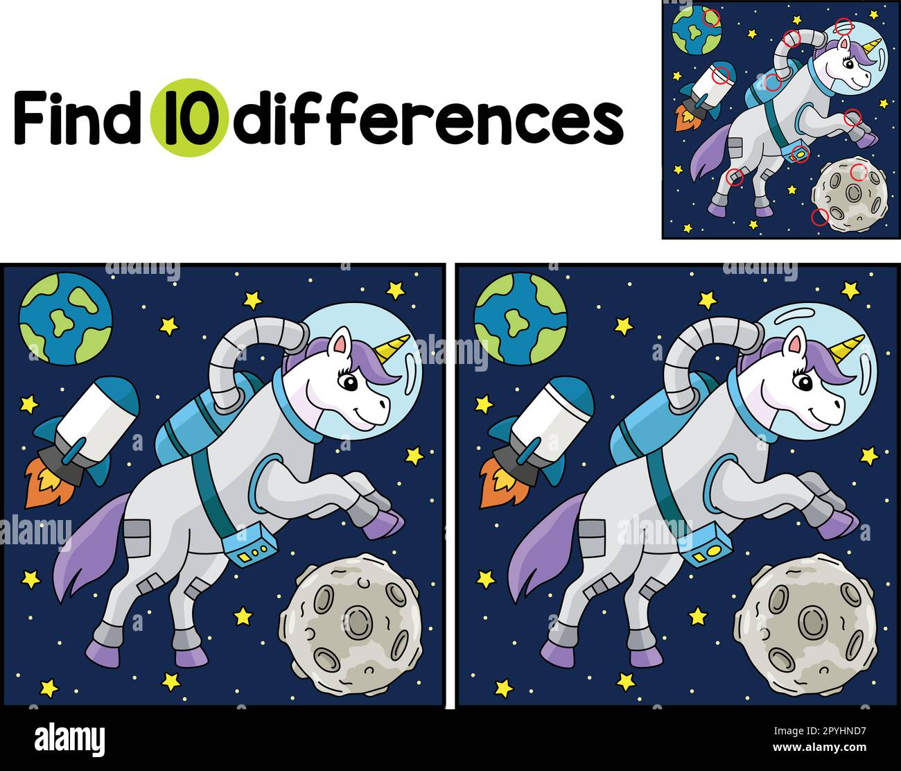 Unicorn Astronaut in Space Find The Differences Stock Vector Image ...