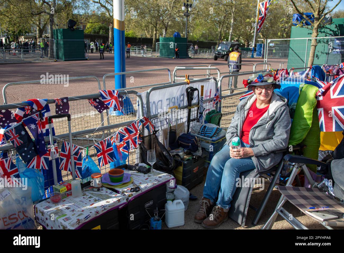 London, UK. 3rd May 2023. With just a few days to go until the coronation of King Charles III and Queen Camilla, fans of the Royal family have been flocking to the Mall to reserve a prime spot to watch the procession on May 6th, 2023. Credit: Kiki Streitberger/Alamy Live News Stock Photo