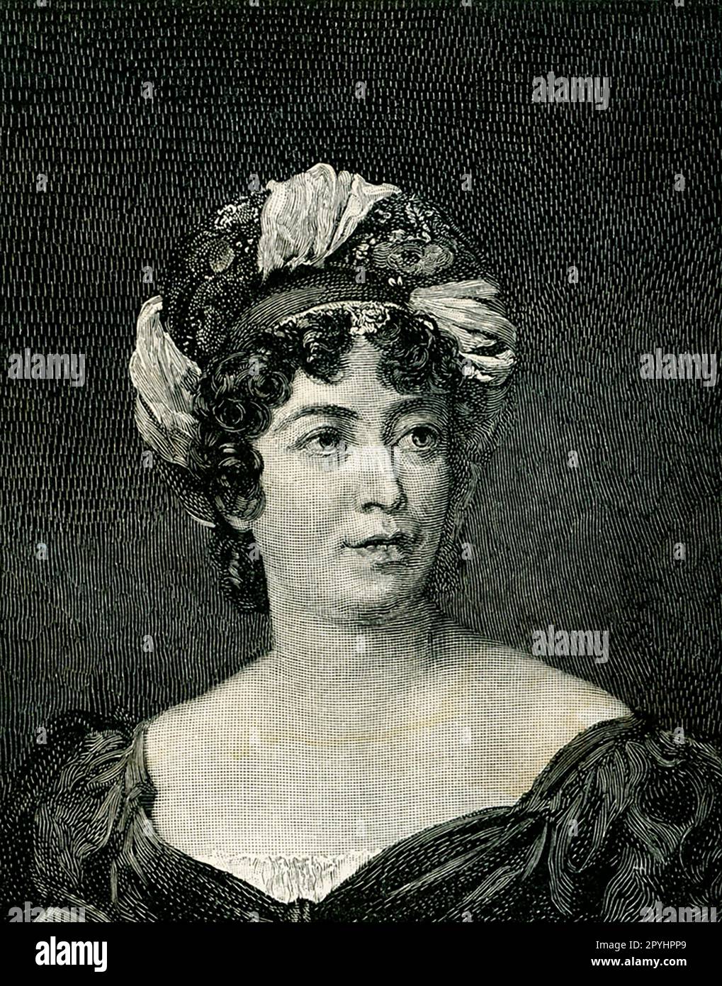 This image from a painting by Francois Gerard is of Mme. De Stael. It was engraved by R G Tietze. Madame de Staël (1766-1817) was a politically engaged woman of letters, who survived the French Revolution and was exiled more than once by Napoleon. François Pascal Simon Gérard, titled as Baron Gérard in 1809, was a prominent French painter. He was born in Rome, where his father occupied a post in the house of the French ambassador. Stock Photo