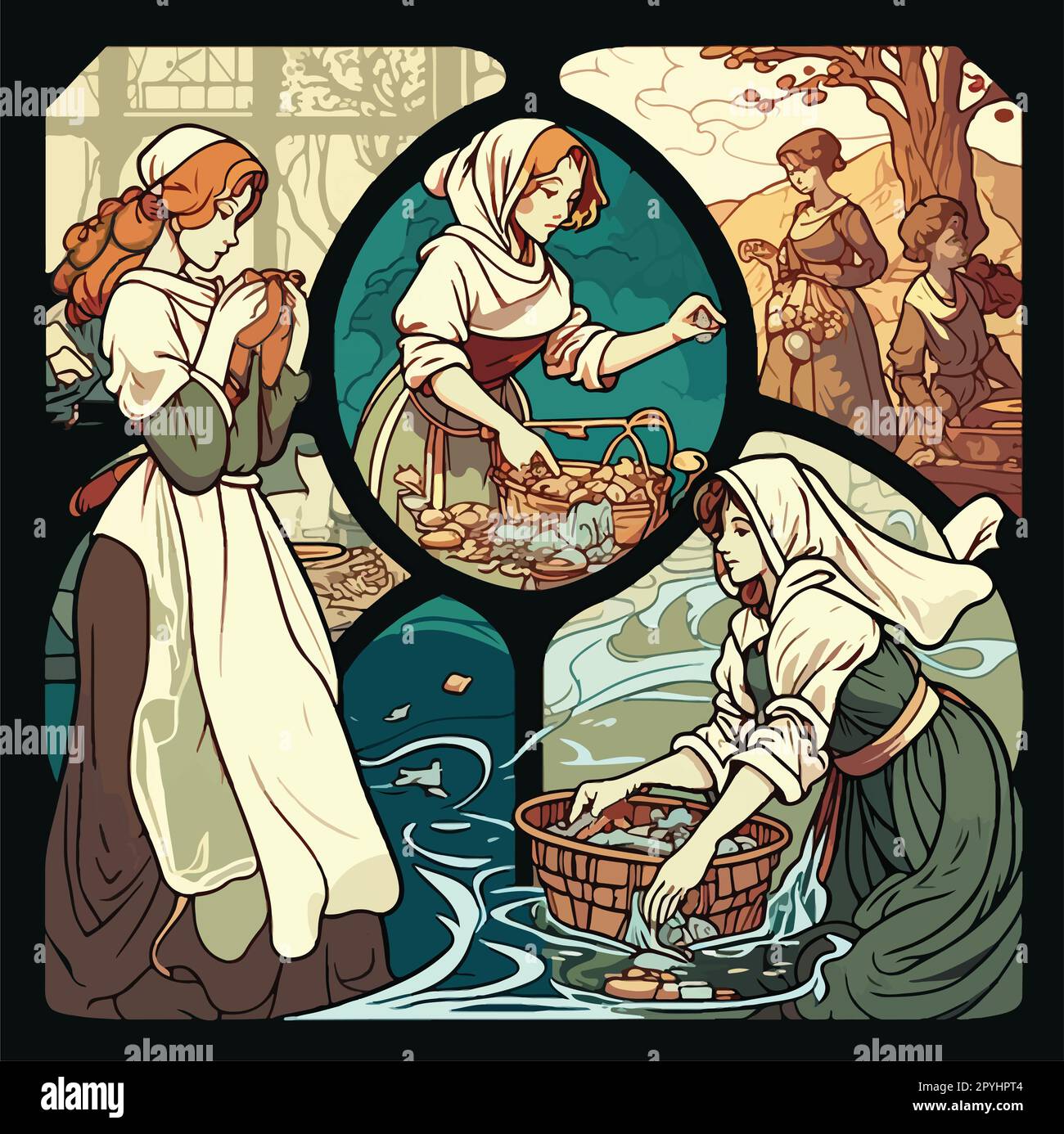 Medieval women doing laundry in a river, stained glass effect Stock Vector