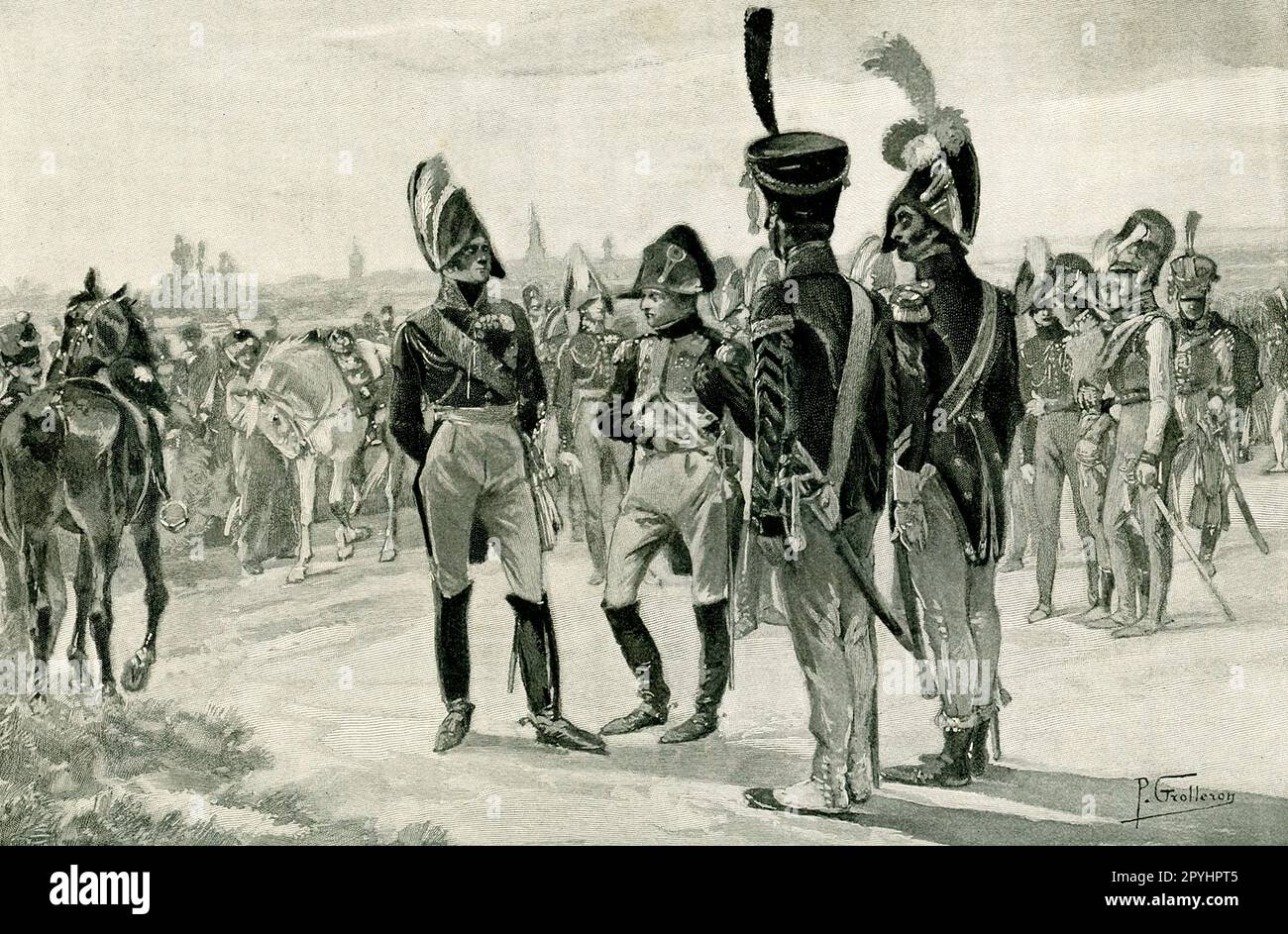 This image from an 1896 Century Magazine shows the Drum Majors of Napoleon. It is by P Grolleron. Napoleon Bonaparte (1769–1821) was a French military and political leader who became the emperor of France. The French painter and illustrator, Paul Grolleron, remains best known for his many well-observed images of the Franco-Prussian war. Stock Photo