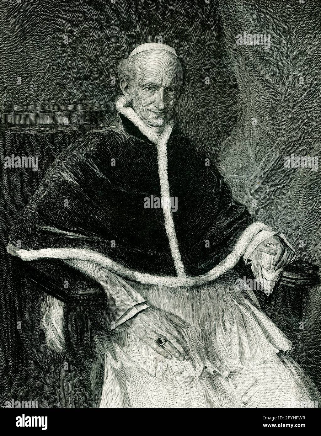 This image from an 1896 issue of Century Magazine shows Pope Leo XIII, an engraving by Johnson after a photograph of a painting by Lenbach in Munich. It was reprinted from 'The Century' for May 1888. Pope Leo XIII was head of the Catholic Church from February 1878 until his death in July 1903. Living until the age of 93, he was the oldest pope holding office, and had the fourth-longest reign of any pope, behind those of St. Peter, Pius IX and John Paul II. Stock Photo