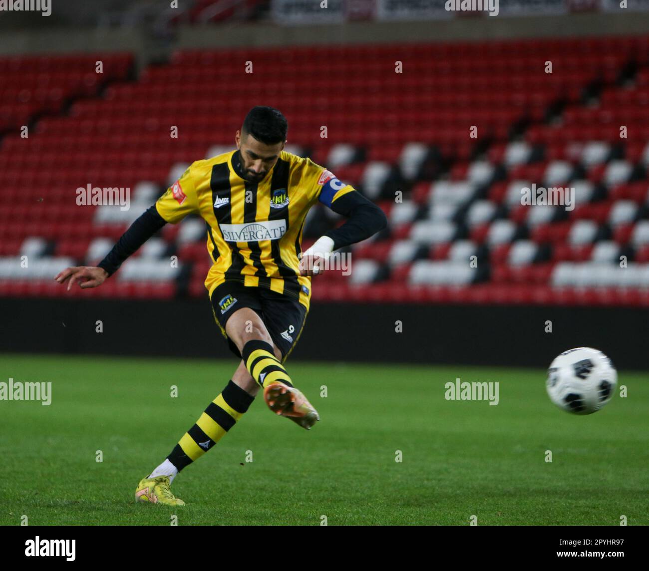 The Stadium of Light, Sunderland, Tyne and Wear, England 3rd May 2023. Hebburn Town's Omar Purewall converts Hebburn Town's First pen of the night, during Hebburn Town V Spennymoor Town, in the Durham Challenge Cup Final Stock Photo