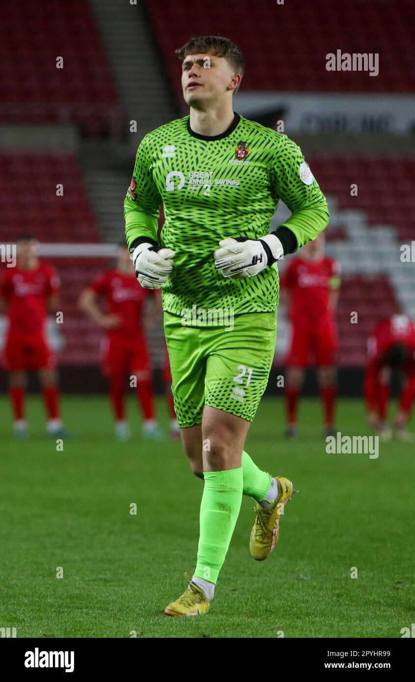 The Stadium of Light, Sunderland, Tyne and Wear, England 3rd May 2023. Spennymoor Town's Harry Flatters looking confident before the Penalty shoot out, during Hebburn Town V Spennymoor Town, in the Durham Challenge Cup Final Stock Photo