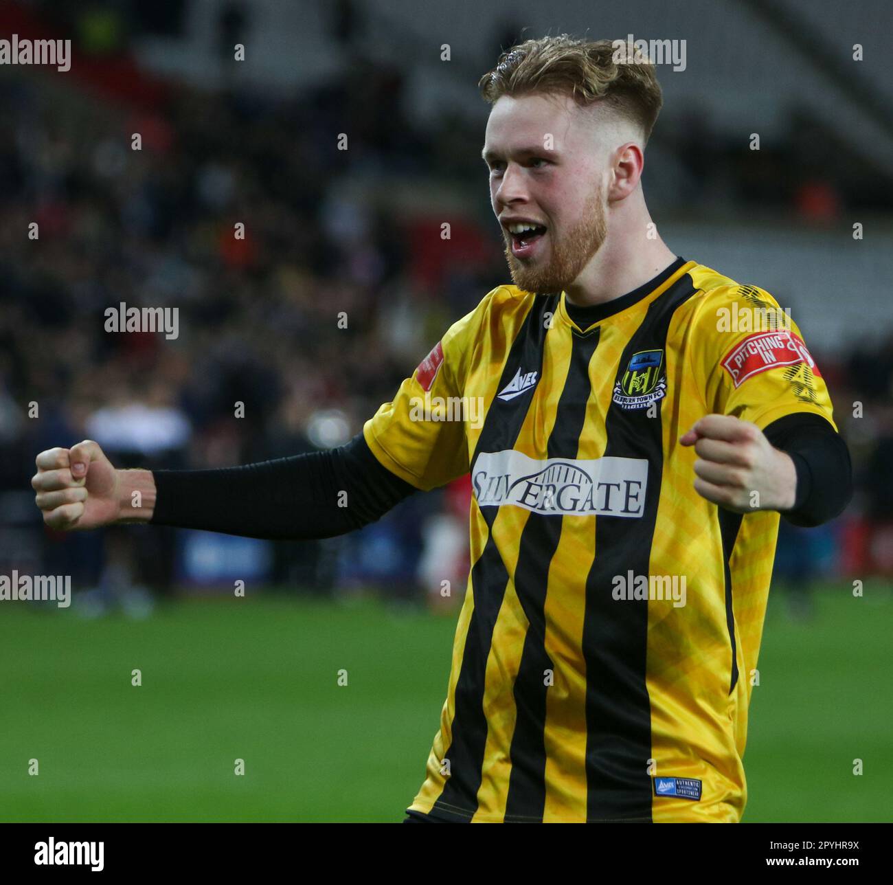 The Stadium of Light, Sunderland, Tyne and Wear, England 3rd May 2023. Hebburn Town's Arron Thompson celebrates after defeating Spennymoor Town on pens in the Durham Challenge Cup final at the Stadium Of Light Hebburn Town V Spennymoor Town, in the Durham Challenge Cup Final Stock Photo