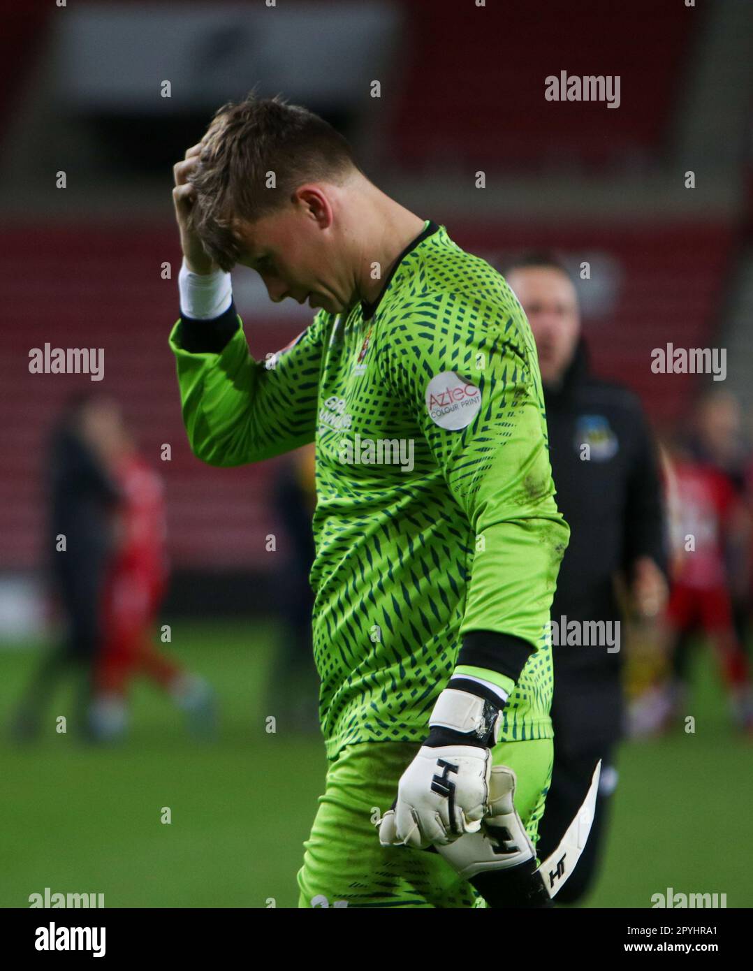 The Stadium of Light, Sunderland, Tyne and Wear, England 3rd May 2023. Spennymoor Towns's Harry Flatters looking defeated after loosing on pens to Hebburn Town at the stadium of light  Hebburn Town V Spennymoor Town, in the Durham Challenge Cup Final Stock Photo