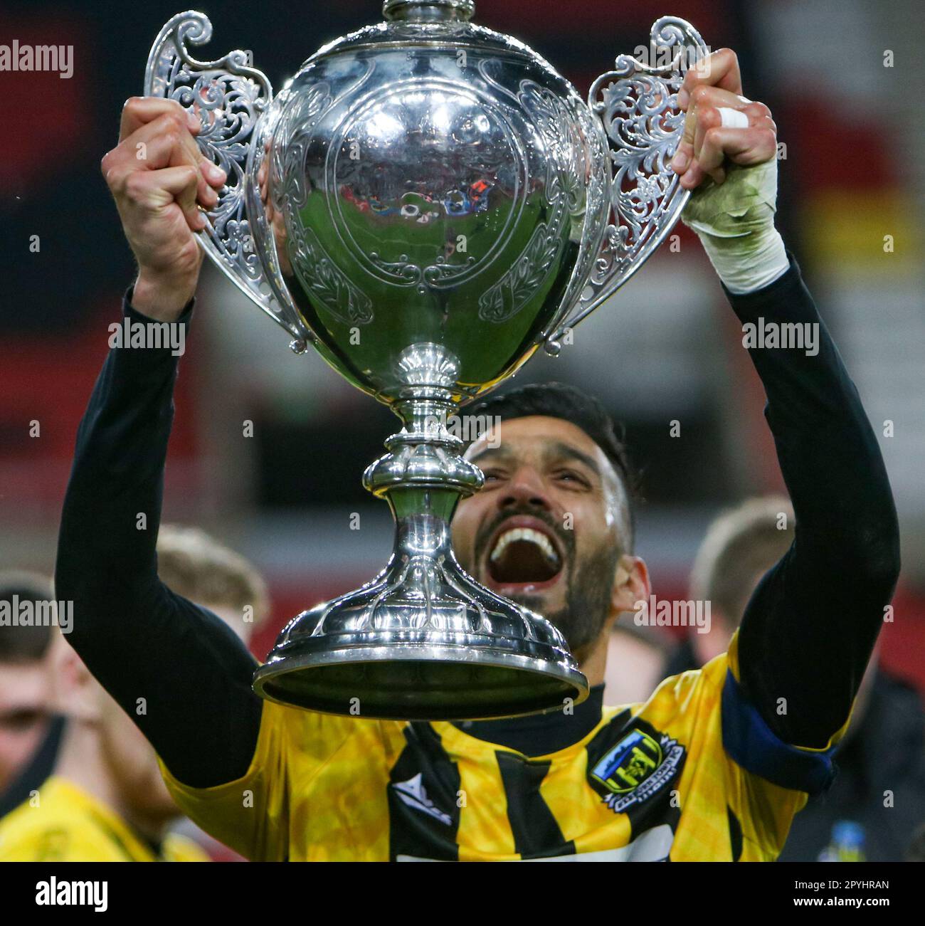 The Stadium of Light, Sunderland, Tyne and Wear, England 3rd May 2023. Hebburn Towns' Amar Purewal lifts the Durham Challenge Cup after defeating Spennymoor Town in the Final Hebburn Town V Spennymoor Town, in the Durham Challenge Cup Final Stock Photo
