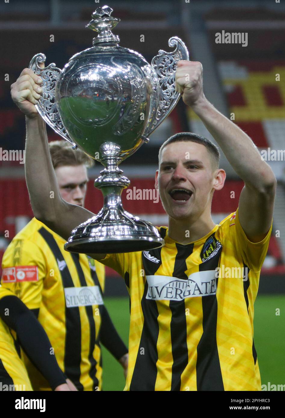 The Stadium of Light, Sunderland, Tyne and Wear, England 3rd May 2023. Hebburn Towns' Olly Martin lifts the Durham Challenge Cup after defeating Spennymoor town in the final at the Stadium of Light Hebburn Town V Spennymoor Town, in the Durham Challenge Cup Final Stock Photo