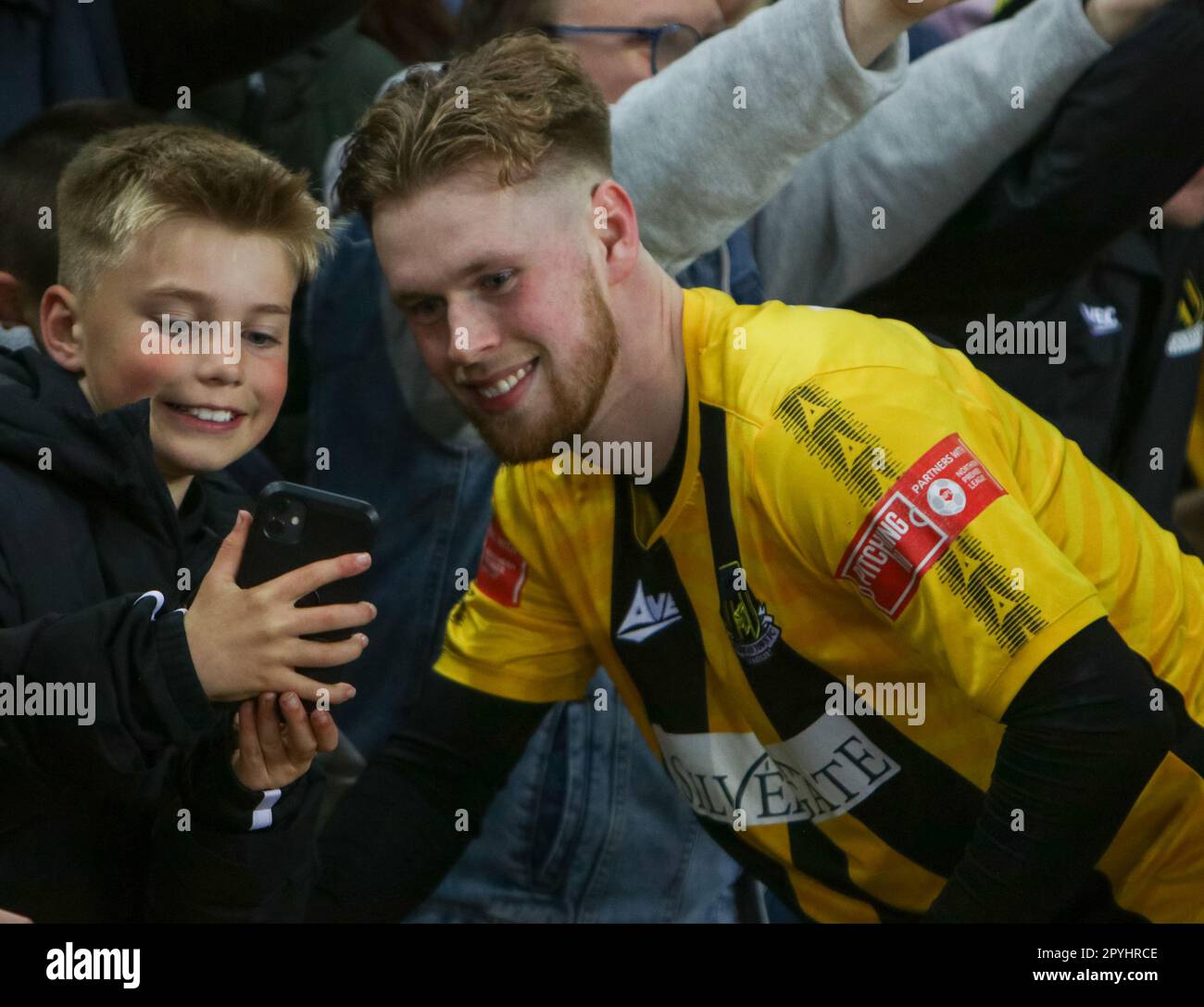 The Stadium of Light, Sunderland, Tyne and Wear, England 3rd May 2023. Arron Thompson taking a selfie with a fan after their victory over Spennymoor town in the Durham Challenge Cup Final Hebburn Town V Spennymoor Town, in the Durham Challenge Cup Final Stock Photo