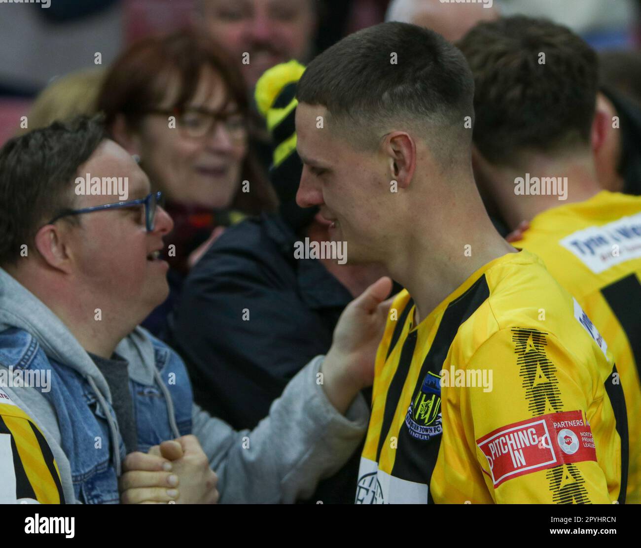 The Stadium of Light, Sunderland, Tyne and Wear, England 3rd May 2023. Olly Martin celebrates with fan after winning the durham challenge cup final, during Hebburn Town V Spennymoor Town, in the Durham Challenge Cup Final Stock Photo