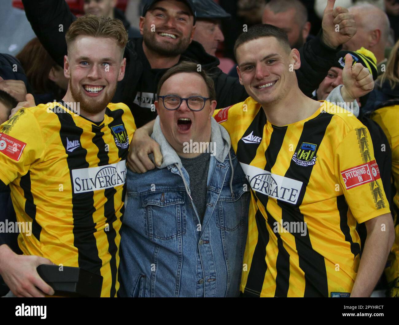The Stadium of Light, Sunderland, Tyne and Wear, England 3rd May 2023. Olly Martin(Right) and Arron Thompson(left) celebrate winning the durham challenge cup final with a fan, during Hebburn Town V Spennymoor Town, in the Durham Challenge Cup Final Stock Photo