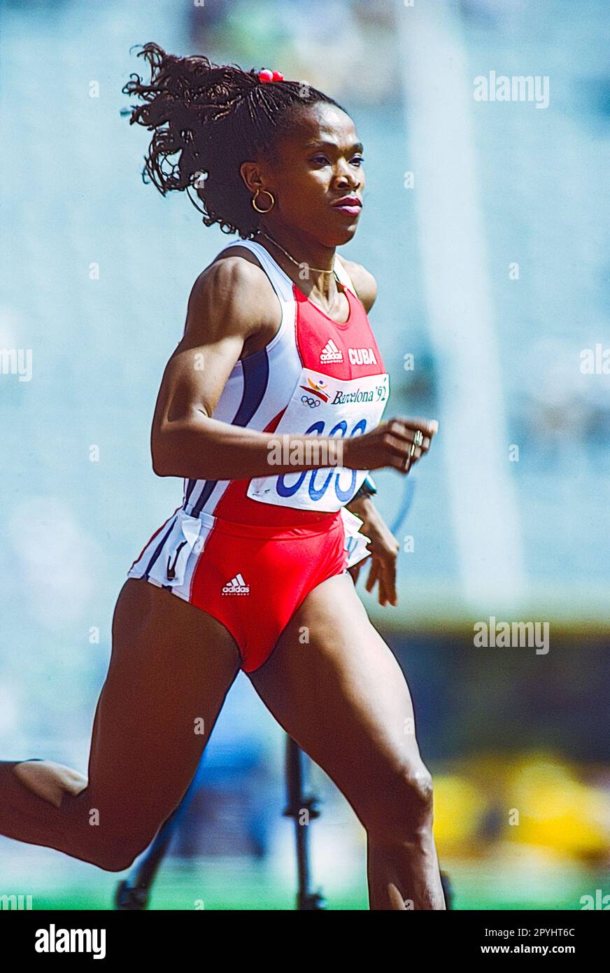 Ana Fidelia Quirot #363 (Cuba), competing in the first round heat of the Women's 800 meters at the 1992 Olympic Summer Games. Stock Photo