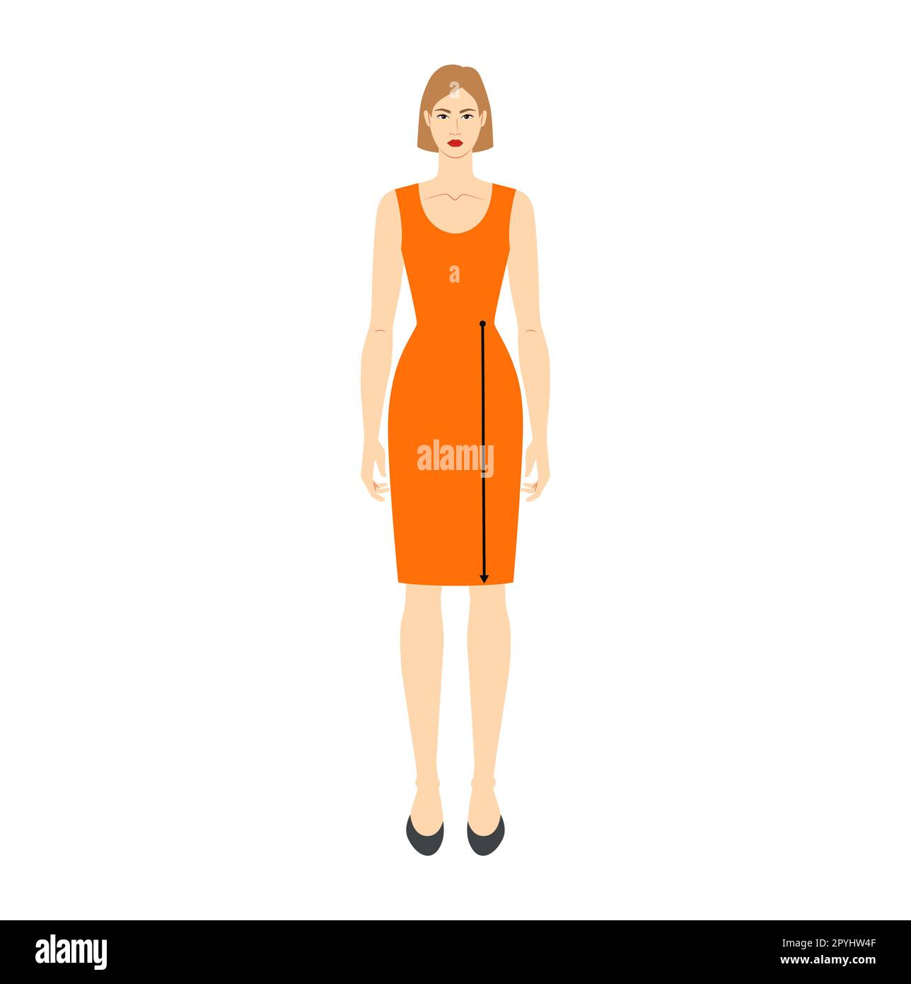 Women to do waist to knee measurement body with arrows fashion Illustration for size chart. Flat female character front 8 head size girl in orange dress. Human lady infographic template for clothes Stock Vector