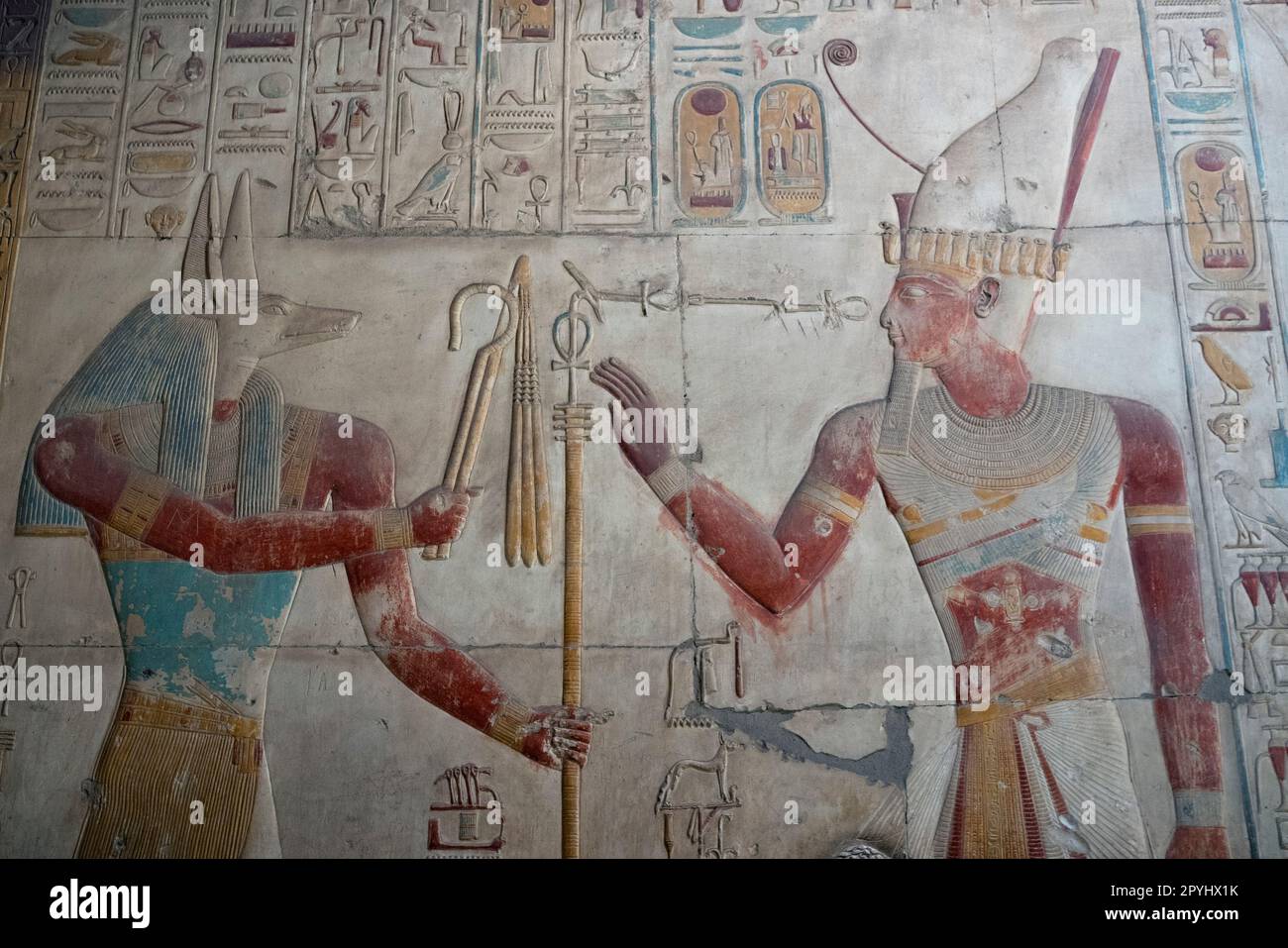 The God Ramsas Bas-relief of the God Anubis and Ramses II on the walls of the Temple ...