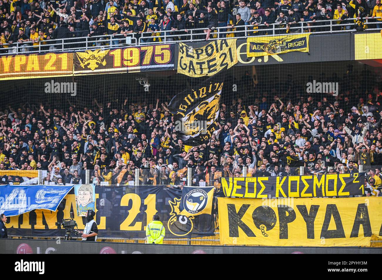 AEK FC supporters are having fun during the Greek Super League, Playoff  match between AEK FC and Olympiacos FC at OPAP Arena on May 3, 2023, in  Athens Stock Photo - Alamy